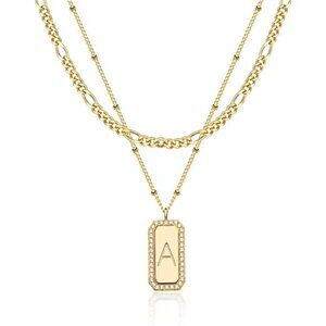 2 Layered Initial (A) Bar Rectangle Pendant Necklace